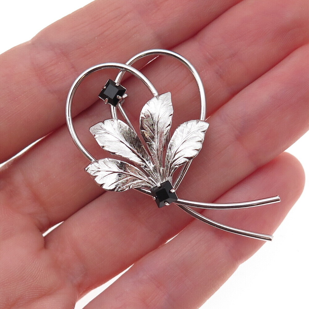 Rolyn 925 Sterling Silver Vintage Black Rhinestone Floral Pin Brooch
